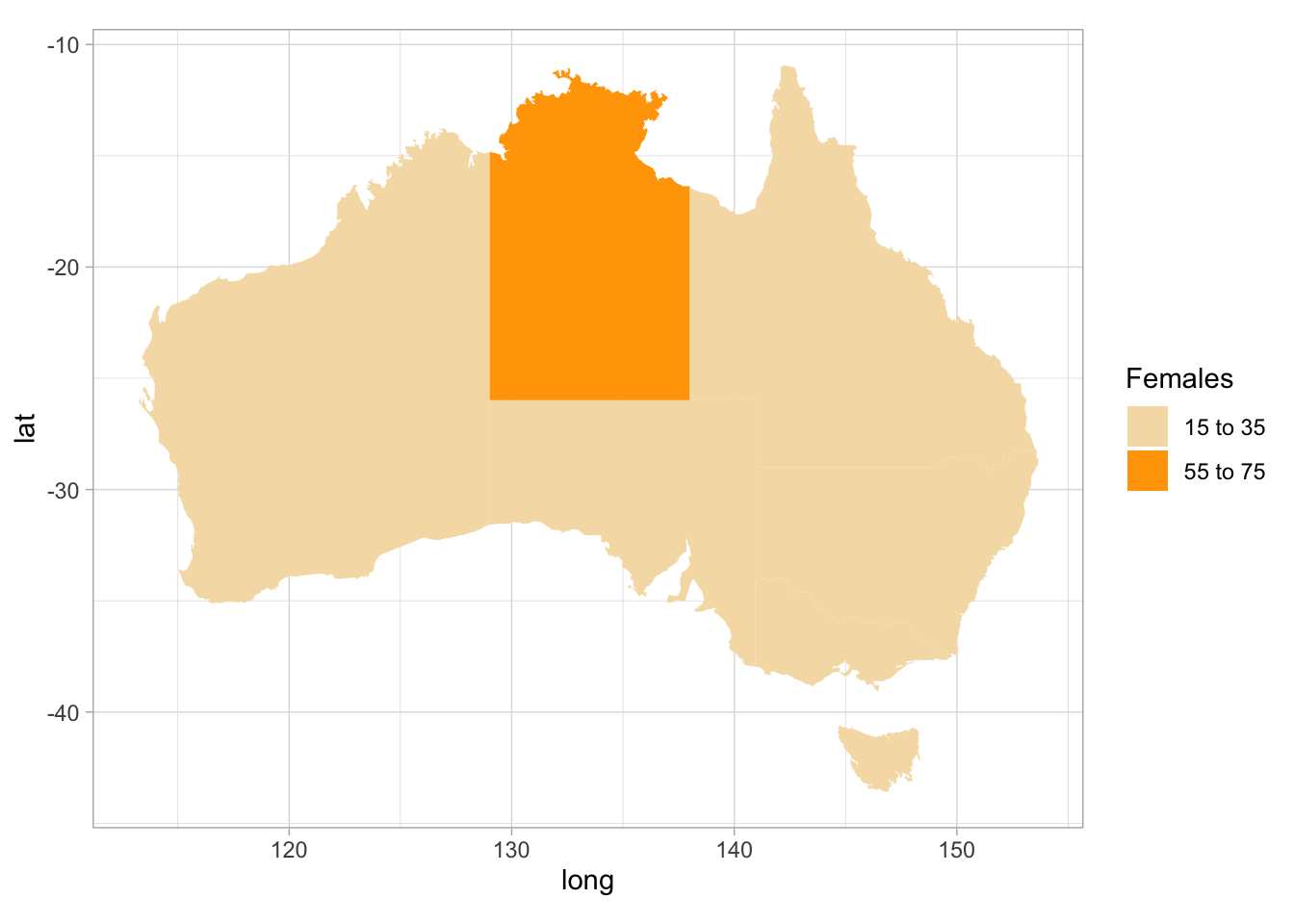 Age-adjusted incidence of lower limb amputations in Australia, from August 2007 to December 2011: females. Numbers are incidents per 100 000.